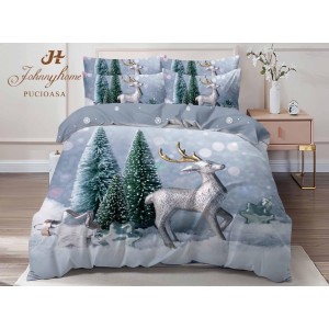 Lenjerie pat dublu,  FINET, Digital Print, Craciun, Gri, Verde, decorațiuni, brad, ren