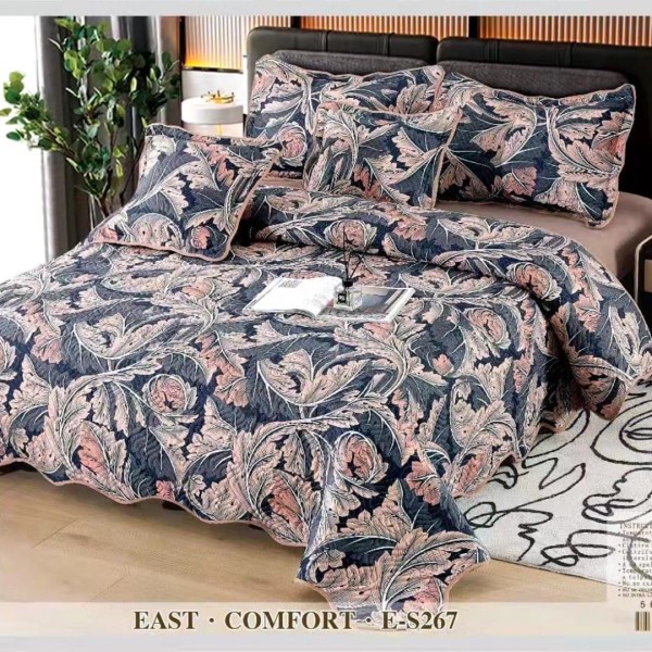 Cuvertura matlasata 230x250cm si 4 fete de perna, Bumbac, Bleumarin, Roz, frunze [1]