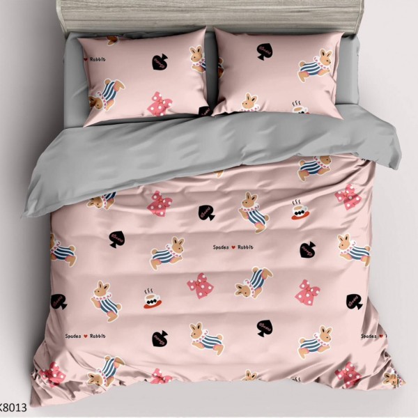 Lenjerie pat Single, BUMBAC 100% Percal, cu 2 Fețe, 4 piese, Roz, Gri, Iepurași, Fundite [1]