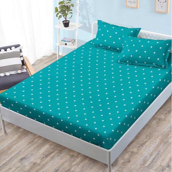Cearsaf cu elastic, FINET, 180x200cm, 2 fete de perne 50x70cm, Turquoise, stelute [1]