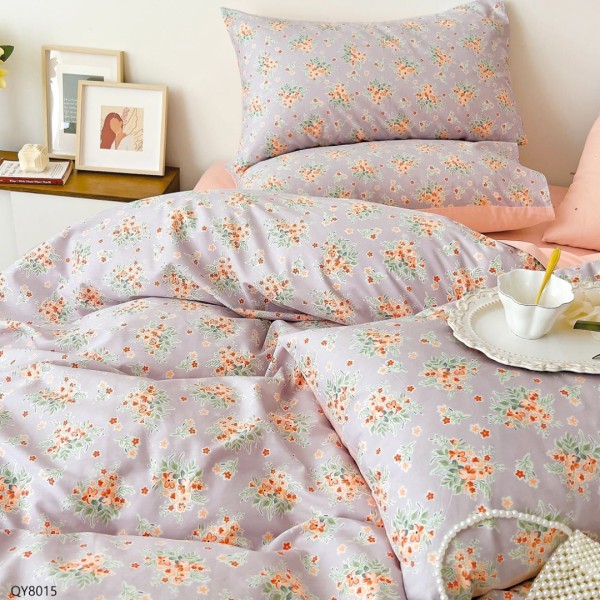 Lenjerie pat dublu, BUMBAC 100% Percal, cu Elastic, 4 piese, Lila, Roz, Buchete de Flori [1]