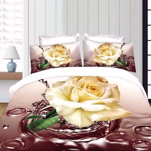 Lenjerie pat dublu, 6 PIESE, IMPRIMEU 3D Multiplicat, Bej, trandafiri