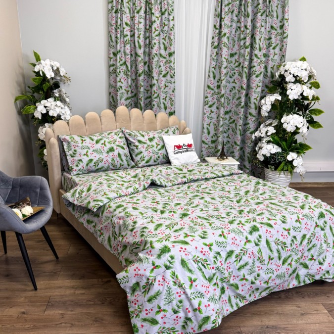 Set Lenjerie Pat Dublu Crăciun 4 Piese + 2 Draperii 150x235cm din Bumbac Ranforsat – Confort și Eleganță, Fabricat în România, Gri, Verde, crenguțe de brad, vasc