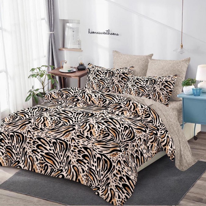 Lenjerie pat dublu BUMBAC FINET cu elastic 6 piese Maro animal print