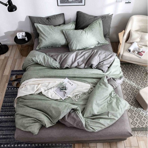 Lenjerie pat 140x200cm, 4 piese, cu ELASTIC,  Gri-Verde [1]