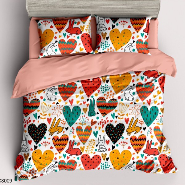 Lenjerie pat Single, BUMBAC 100% Percal, cu 2 Fețe, 4 piese, Alb, Roz, Inimioare Colorate [1]