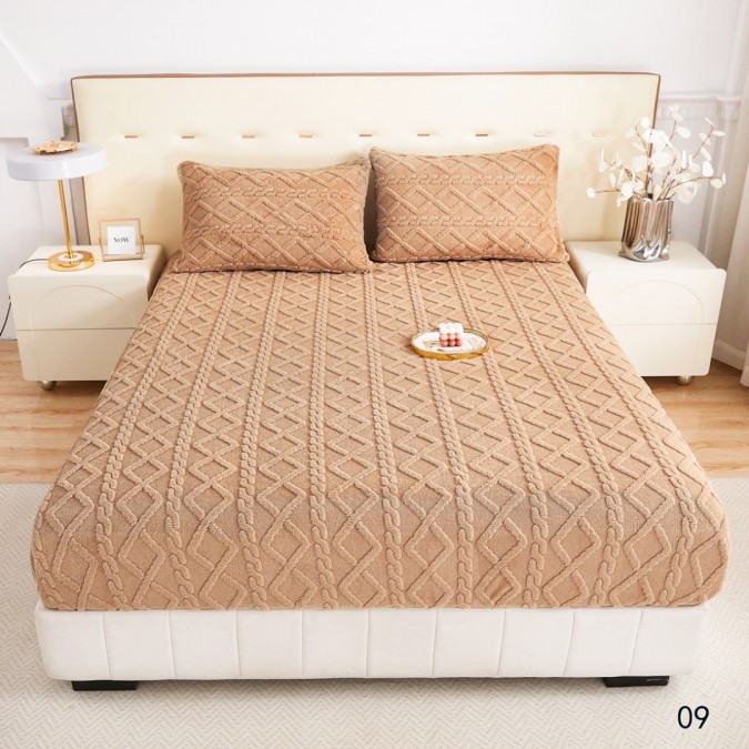 Cearșaf cu Elastic Cocolino 180x200x25 cm – Set cu 2 Fețe de Pernă Model Tricotat Gros și Pufos Calitate Premium pentru Confort și Eleganță Bej