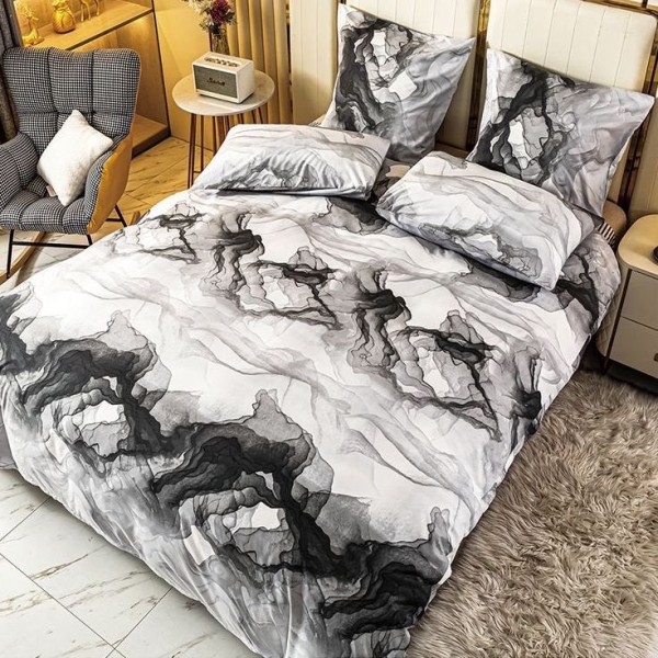 Lenjerie pat dublu (140x200cm, 160x200cm, 180x200cm), Finet Soft, cearsaf clasic, 4 piese, Gri, model marmura [1]