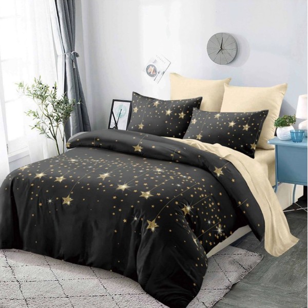 Lenjerie pat dublu,  FINET, cu elastic, 6 piese, Negru, stelute [1]