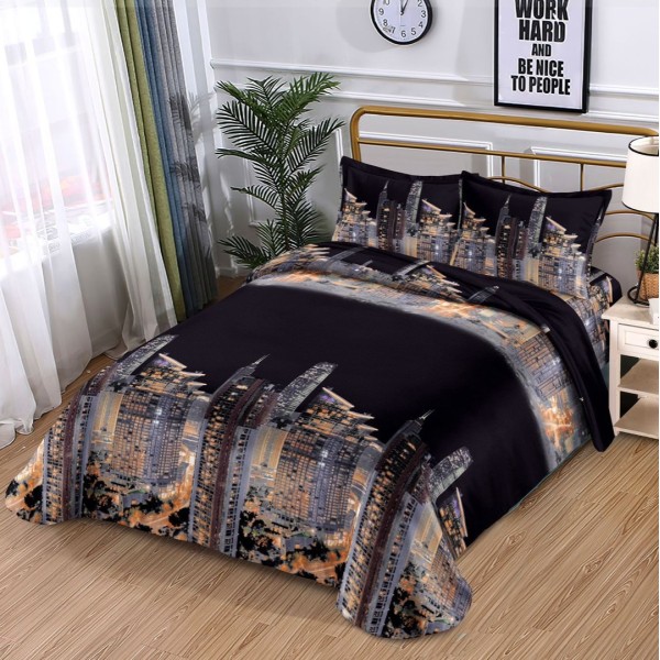 Lenjerie pat dublu (140x200cm, 160x200cm, 180x200cm), cearsaf clasic, imprimeu 3D, Negru, oras [1]