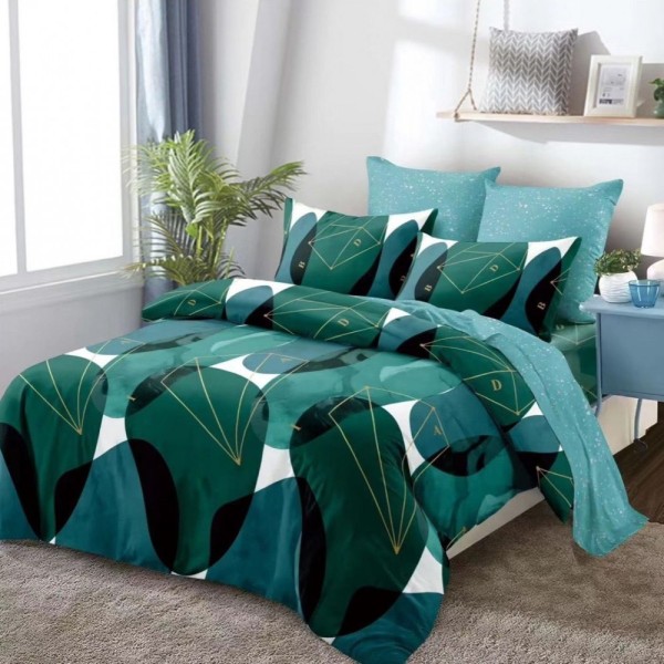 Lenjerie pat dublu,  FINET, cu elastic, 6 piese, Verde, Abstract [1]