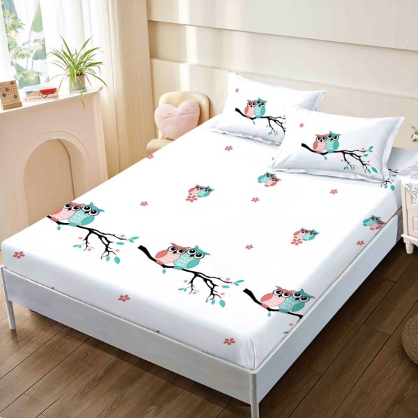 Cearsaf cu elastic, FINET, 160x200cm, 2 fete de perne 50x70cm, Alb, Albastru, Roz, Bufnite  – confort si eleganta pentru patul tau [1]