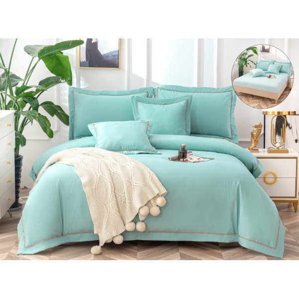 Lenjerie pat dublu, Bumbac Fin Texturat, CEARSAF CU ELASTIC, 6 piese, Menta [1]