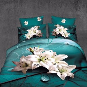 Lenjerie pat dublu, 6 PIESE, IMPRIMEU 3D Multiplicat, Verde, crini