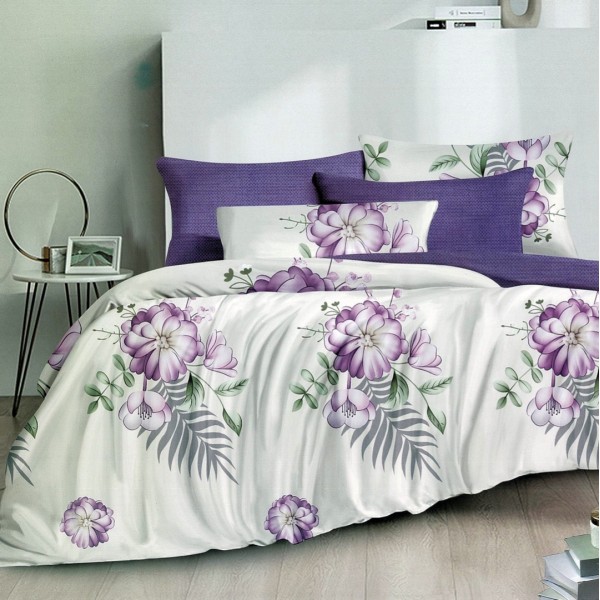 Lenjerie pat dublu,  FINET, 6 piese, Lila, flori [1]