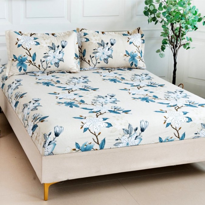 Cearsaf cu elastic, Bumbac Satinat, 160/180x200cm, 2 fete de perne 50x70cm, Crem-Bleu, flori