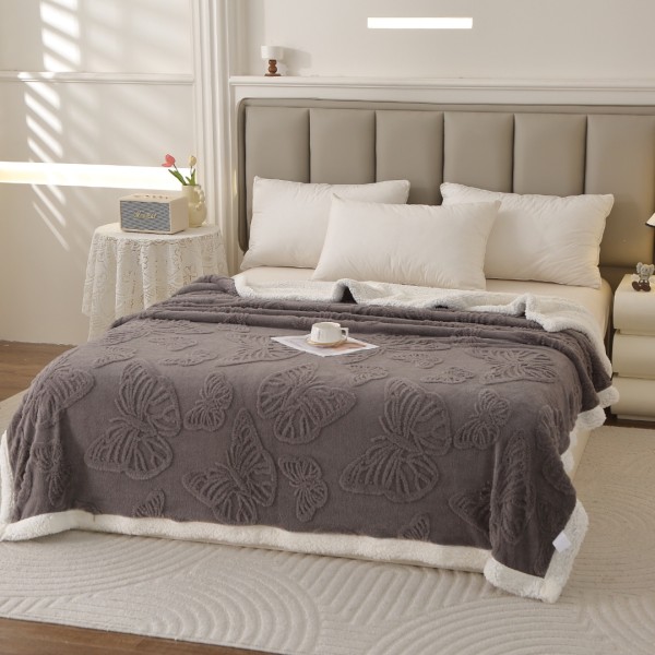 Pătură Super Soft Cocolino cu Blăniță, 200x230 cm – Eleganță și Căldură cu Model 3D în Relief, Fluturi Delicați, Gri inchis [1]