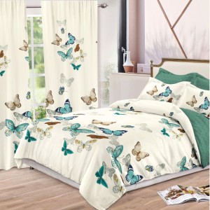 Set Lenjerie pat dublu + 2 draperii, finet, 8 piese, Crem, fluturi Set Lenjerie pat dublu + 2 draperii, finet, 8 piese, Crem, fluturi