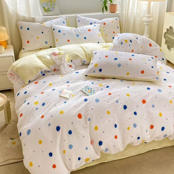 Lenjerie pat 140x200cm,  Soft Touch CREPONAT DELUXE, 4 piese, cu ELASTIC, Multicolor, buline [1]