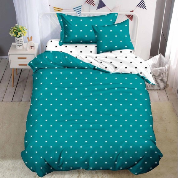 Lenjerie pat 140x200cm,  FINET, 4 piese, cu ELASTIC, Turquoise, buline [1]