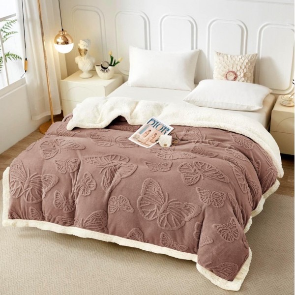 Pătură Super Soft Cocolino cu Blăniță, 200x230 cm – Eleganță și Căldură cu Model 3D în Relief, Fluturi Delicați, Maro [1]