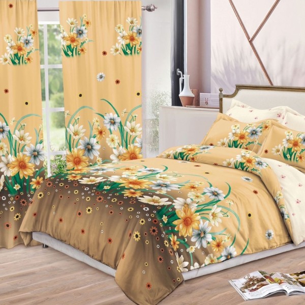Set Lenjerie pat dublu (140x200cm, 160x200cm, 180x200cm) + 2 draperii, finet, 8 piese, Bej, Maro, flori [1]
