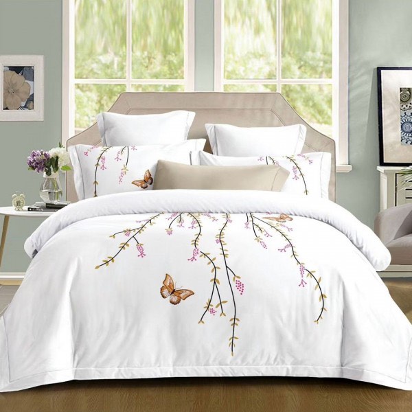 Lenjerie pat dublu, Primăvara,  FINET, Cearsaf cu Elastic 160x200cm, 4 piese, Alb, model elegant cu flori si fluturi - Lux Absolut, Delicatețe și Eleganță Desăvârșită [1]