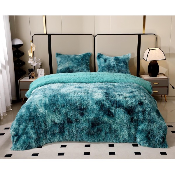 Pilota Super Pufoasă CoCoLiNo Fluffy cu Blăniță Sherpa Asortată, 200x230 cm, 4 kg, 2 Fețe de Pernă Asortate, 50x70cm – Căldură Instantă și Confort de Lux pentru Nopți Reci, Turquoise degrade [1]