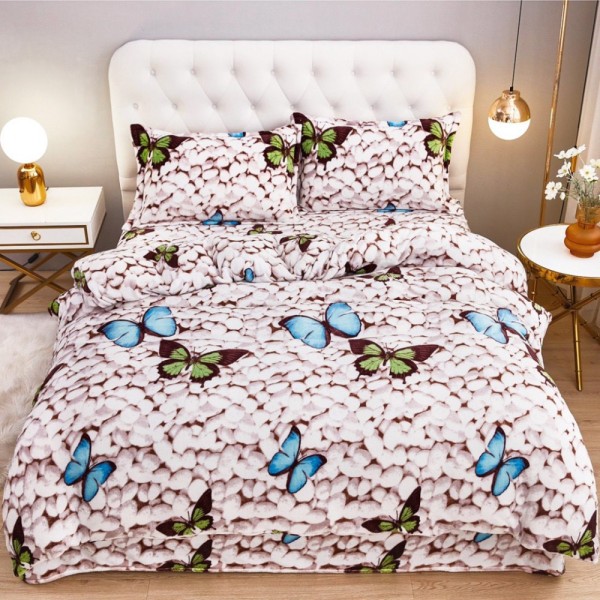 Lenjerie pentru Pat Dublu, Cocolino Premium, 4 Piese – Plușată, Groasă, și Călduroasă, Ideală pentru Iarnă –  Confort Maxim, Antișifonare, Gri-Multicolor, fluturi [1]