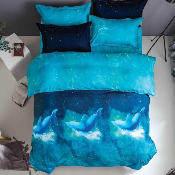 Lenjerie pat dublu (140x200cm, 160x200cm, 180x200cm), bumbac satinat, cearsaf clasic, 4 piese,  Albastru, delfini [1]