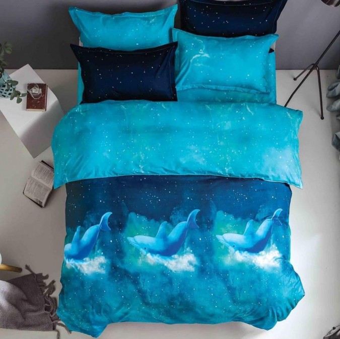 Lenjerie pat dublu cu două feţe, 4 piese, Bumbac Satinat Superior, Albastru, delfini
