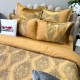 Set Luxury:  Lenjerie de Pat dublu, din Catifea Royală Velvetto, 6 piese si Draperie cu inele încastrate, 2buc x 150x245cm, cu Șnur Magnetic și Față de Pernă Decorativă, Galben, Gri