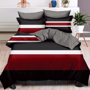 Lenjerie pat dublu, Finet, 6 piese, Negru-Grena, dungi