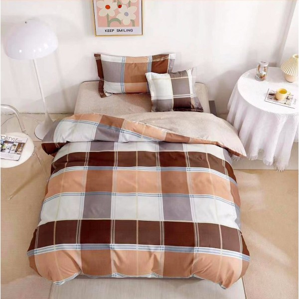 Lenjerie pat 140x200cm,  FINET, 4 piese, cu ELASTIC, Maro, carouri [1]