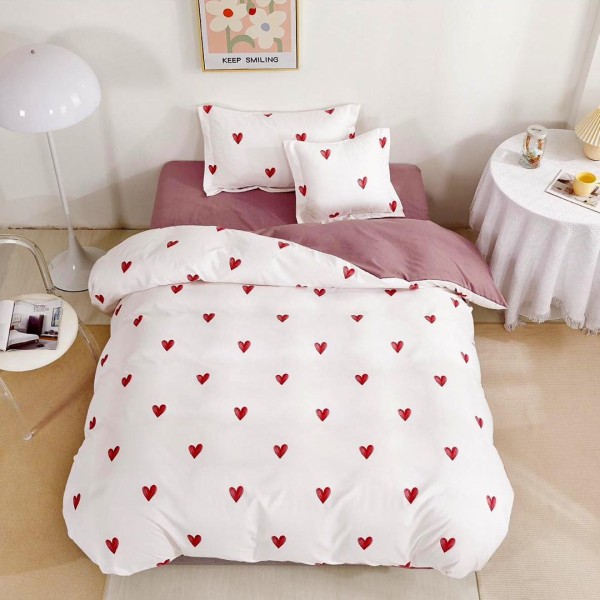 Lenjerie pat 140x200cm,  FINET, 4 piese, cu ELASTIC, Alb-Roz, inimioare [1]