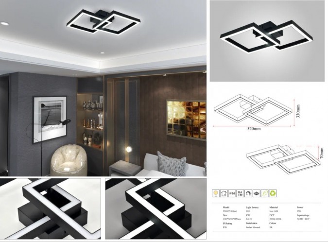 Lustra LED RFAN, Model FX60279-2, Cu Telecomanda, 3 Tipuri De Lumina, Intensitate Reglabila, 37W, Negru