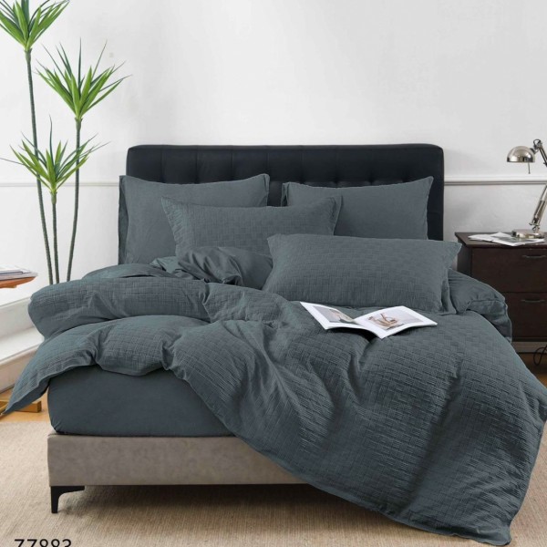 Lenjerie de Pat Dublu din Bumbac Tricotat - Set Premium 4 Piese cu Cearșaf Elastic și Imprimeu Satinat pentru Confort și Eleganță, Gri inchis [1]