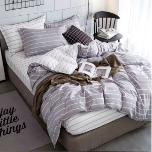 Lenjerie pat 140x200cm, 4 piese, cu ELASTIC,  Gri, dungi