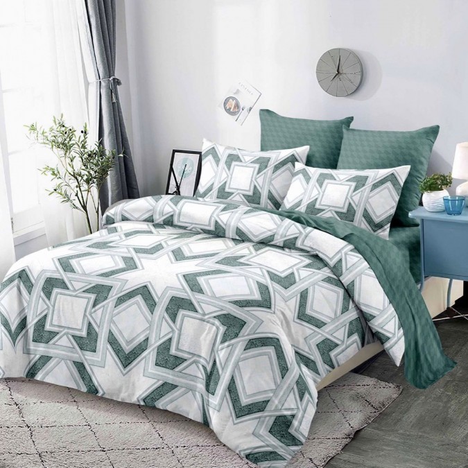 PACHET PROMO COMPLET: Lenjerie pat dublu BUMBAC FINET cu elastic 6 piese Verde forme geometrice