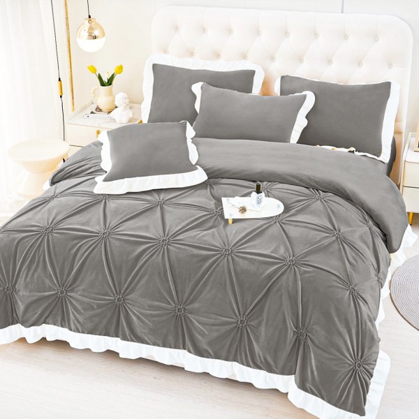 Lenjerie de pat Luxury Catifea Cocolino, cu pliuri brodate si volanase, gri [1]