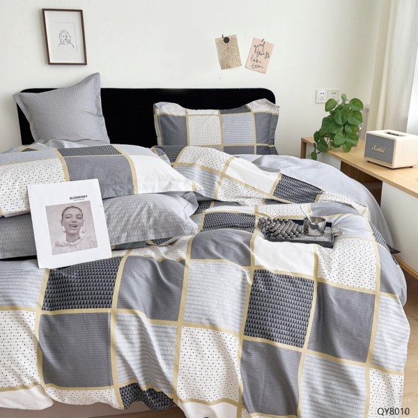 Lenjerie pat dublu, BUMBAC 100% Percal, cu Elastic, 4 piese, Alb, Gri, Patrate [1]