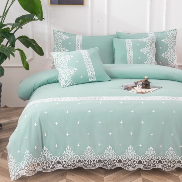 Lenjerie pat dublu, Bumbac Fin cu Dantela si Broderie Rafinata,  CEARSAF CU ELASTIC, 6 piese, Aqua [1]