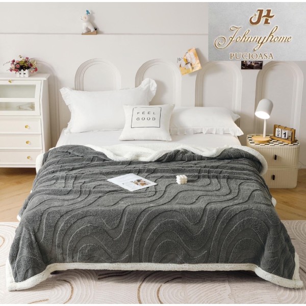 Pătură Super Soft Cocolino cu Blăniță, 200x230 cm – Eleganță și Căldură cu Model 3D în Relief, Valuri Elegante, Gri inchis [1]