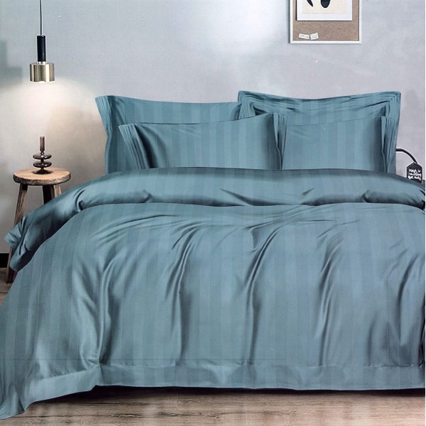 Lenjerie HoReCa DeLuxe, pat dublu, Damasc cu Dunga latã de 3cm, 6 piese, cearșaf cu ELASTIC, Turquoise [1]