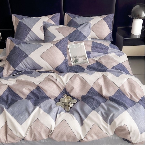 Lenjerie pat dublu (140x200cm, 160x200cm, 180x200cm),  FINET, 6 piese, Bej-Albastru, forme geometrice [1]