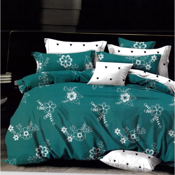Lenjerie pat dublu,  FINET, 6 piese, cu ELASTIC, Turquoise, flori [1]