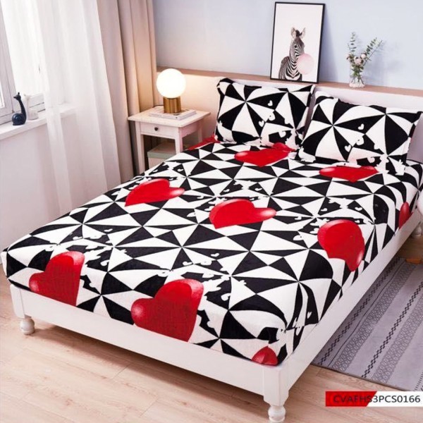 Husa cu elastic 180x200cm, pufoasa cocolino si 2 fete de perna, Alb, Negru, Rosu, forme geometrice, inimioare [1]