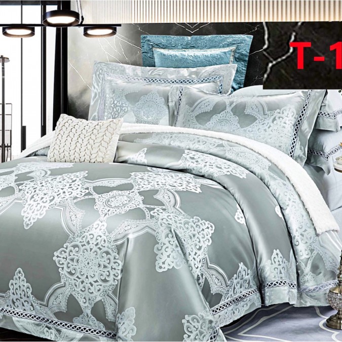 Lenjerie de Pat Dublu Jacquard Premium Satinat Set 6 Piese Calitate Superioară Luciu Elegant și Confort Desăvârșit Gri albastrui