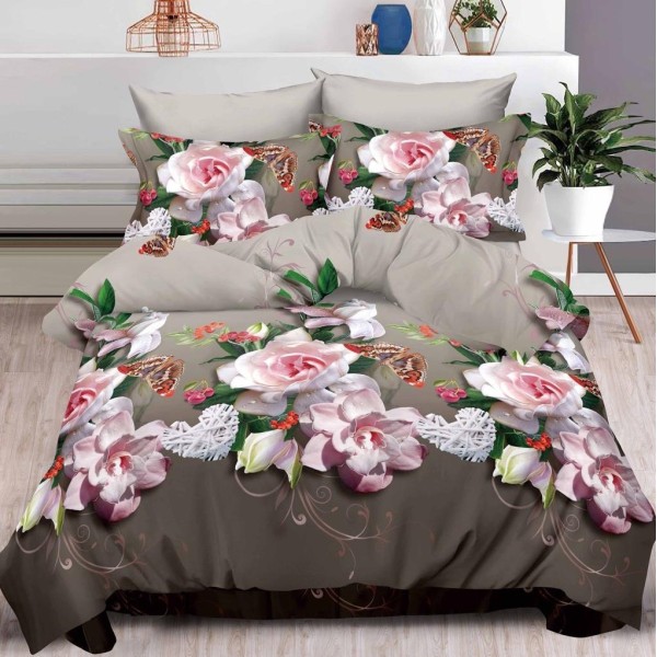 Lenjerie pat dublu, 6 PIESE, IMPRIMEU 3D Multiplicat, Roz, flori [1]