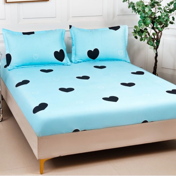 Cearsaf cu elastic, Bumbac Satinat, 160/180x200cm, 2 fete de perne 50x70cm, Bleu, inimioare [1]